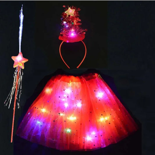 Adult Women Girls Cute Flashing Wing Tutu Skirt LED Glow Headband Fairy Stick Tree Costume Party Favors Halloween Christmas