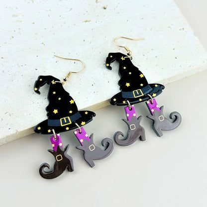 A Halloween Wizard Hat, Boots, Acrylic Printed Earrings, Horror Cartoon Funny Earrings, Female