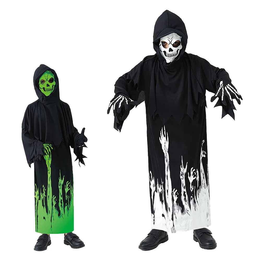 Halloween Grim Reaper Cosplay Costume Bodysuit Kids Ghost Demon Skeleton Spooky Glow-In-The-Dark Hooded Jumpsuit Mask Gloves Set