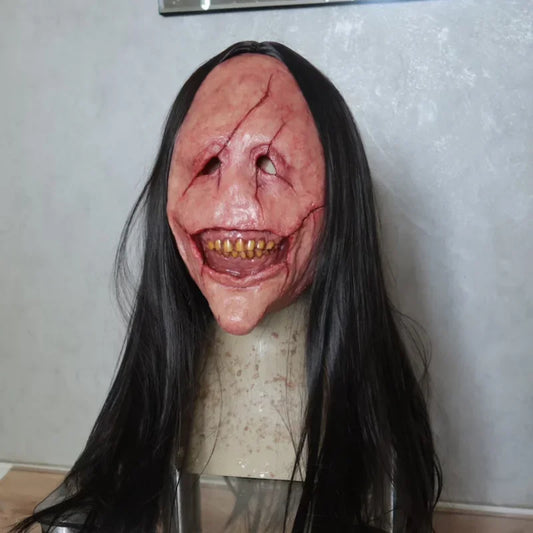 Halloween Horror Long Hair Devil Mask Red Face Devil Mask Toothed Devil Latex Long Hair Mask Theme Party