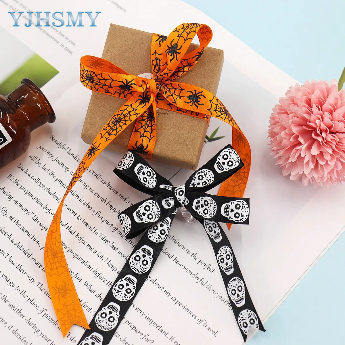 5/8'' Wide Halloween Ribbons Satin Ribbon Pumpkin Ghost Skull Printed Halloween Wrapping Ribbon for Halloween Theme DIY Craft