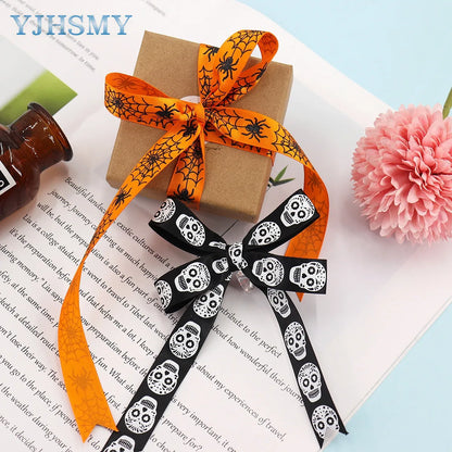 5/8'' Wide Halloween Ribbons Satin Ribbon Pumpkin Ghost Skull Printed Halloween Wrapping Ribbon for Halloween Theme DIY Craft