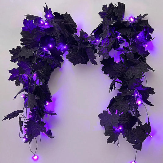 1pc Halloween Artificial Hanging Fall Leave Vines With 20 LED Black Leaf Garland With Purple Lights Battery Powered Horror Atmo