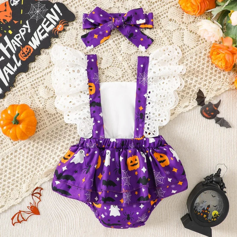 Halloween Costume Romper Baby Girl Clothes Flying Sleeves Cute Pumpkin Ghost Jumpsuit Infant Girls Holiday Party Fancy Dress