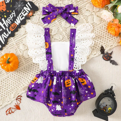 Halloween Costume Romper Baby Girl Clothes Flying Sleeves Cute Pumpkin Ghost Jumpsuit Infant Girls Holiday Party Fancy Dress