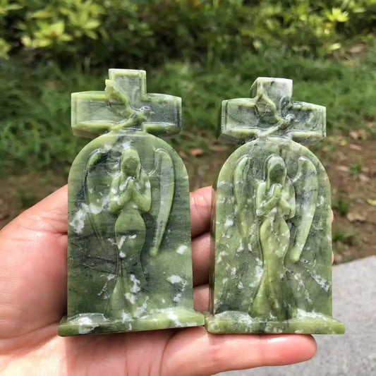 10CM Natural Green Ophiolite Quartz Crystal Carved Tombstone Angel Skull Gravestone Halloween Series Decoration Items Witchcraft