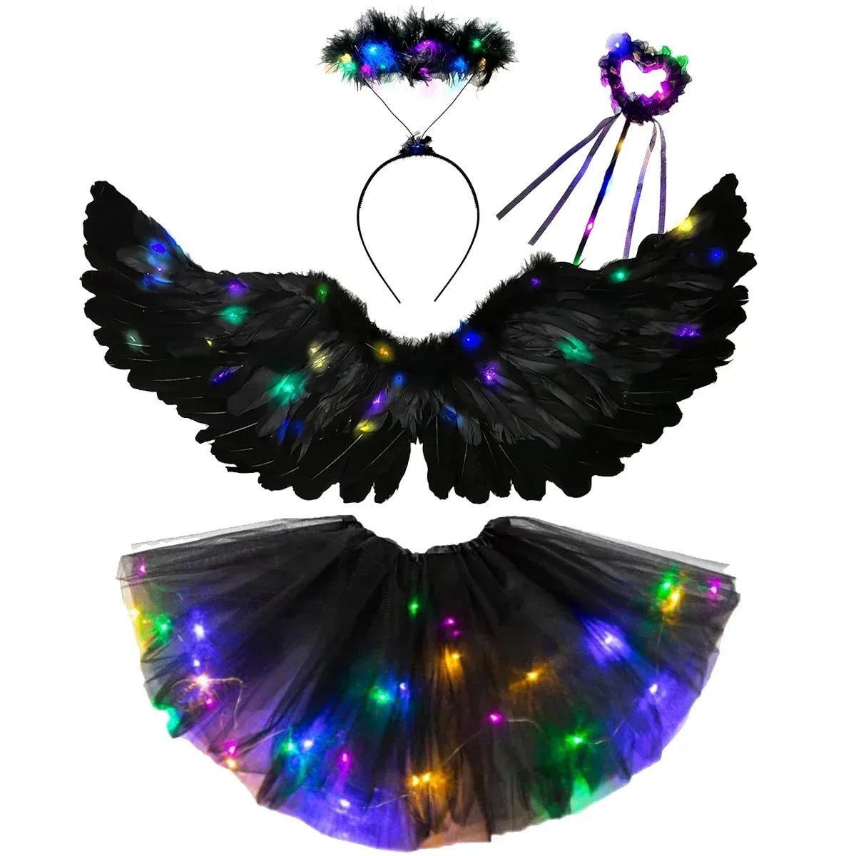 Women Girls Angel Feather LED Wings Halo Light Up Angel Wings Fairy Wands Glow Tutu Skirt Carnival Halloween Cosplay Costume