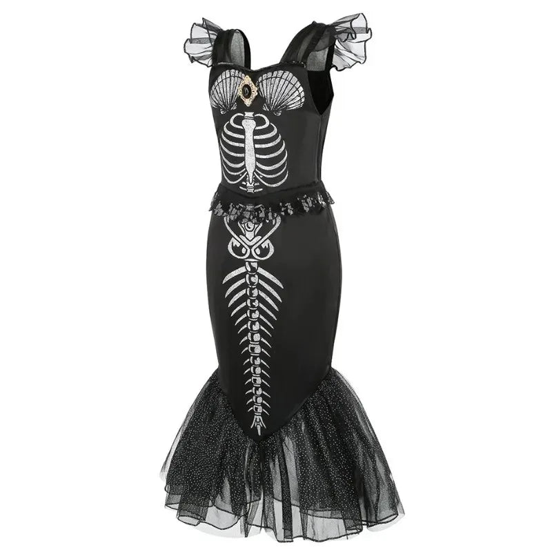 Fishtail Bone Skeleton Mermaid Costume Girls Kid Devil Dress Gothic Horror Corpse Bride Halloween Terror Outfit Party for Child