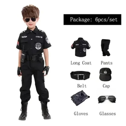 New Kids Uniform Police Costumes Cosplay Kids Police Top Pants Hat Dress Boys Girls Police Clothes Halloween Christmas Gift