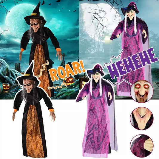 Halloween Life Size Talking Witch Purple Outdoor Spooky Animatronic Witch Sound Activation Halloween Decoration