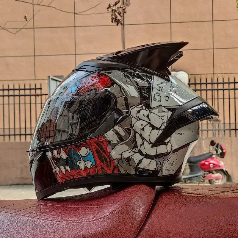 Orz Motorcycle  Full Face Helmet Dual Lens Racing Helmet Personality Horns Modular Flip Up Helmets DOT Approved