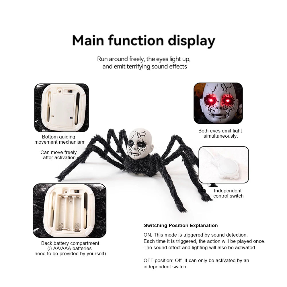 Halloween Animatronic Doll Face Spider Sound Activated Scary Walking Spider Haunted House Prop Halloween Party Decoration