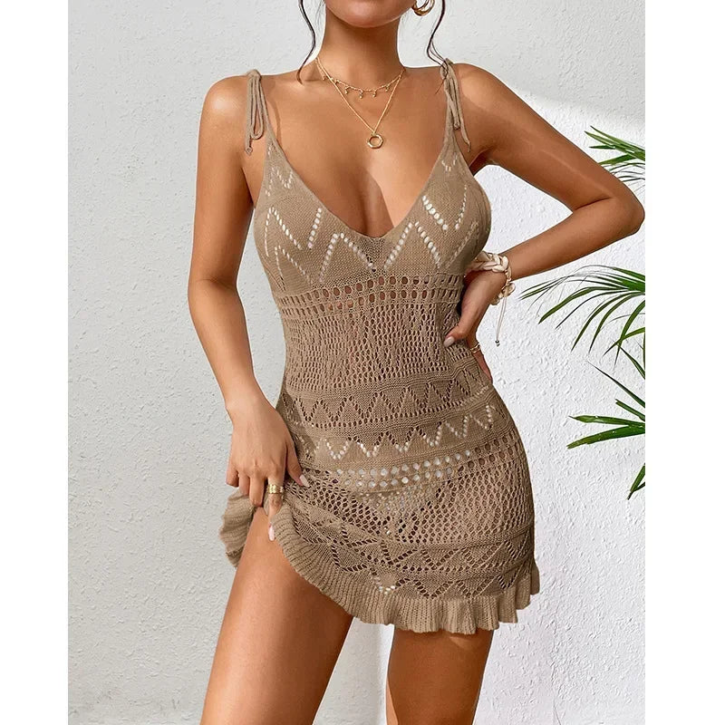 Sexy Womens Crochet Beach Dress See-Through Beachwear Pareo Swimsuit Woman Bathing Suit White Dress Beach Cover Up Women Holiday