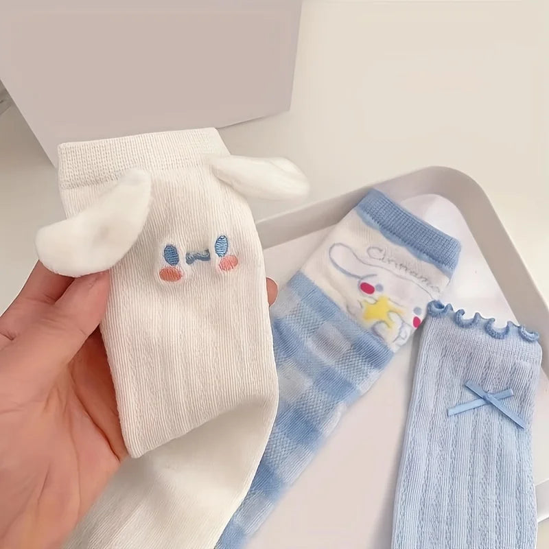 3 Pairs Kawaii Sanrio Girls Cartoon Cinnamoroll Crew Socks, Cute & Sweet Bow Frilled Mid Tube Socks, Women's Stockings & Hosiery