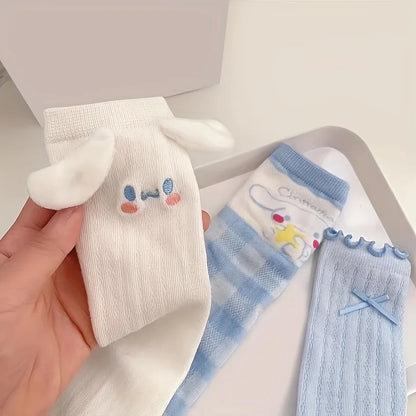 3 Pairs Kawaii Sanrio Girls Cartoon Cinnamoroll Crew Socks, Cute & Sweet Bow Frilled Mid Tube Socks, Women's Stockings & Hosiery