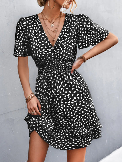 Elegant Women Dot Print Pattern Dress V-Neck Ruffles Sleeve Casual Sweet Fashion Boho Dress Women Summer Dresses Beach Holidays