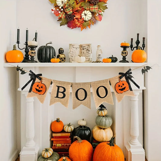 1 Set Rustic Halloween Banner "BOO" With Jack-O'-Lanterns & Pumpkins - Hanging Garland for Home, Fireplace, or Party Decorations