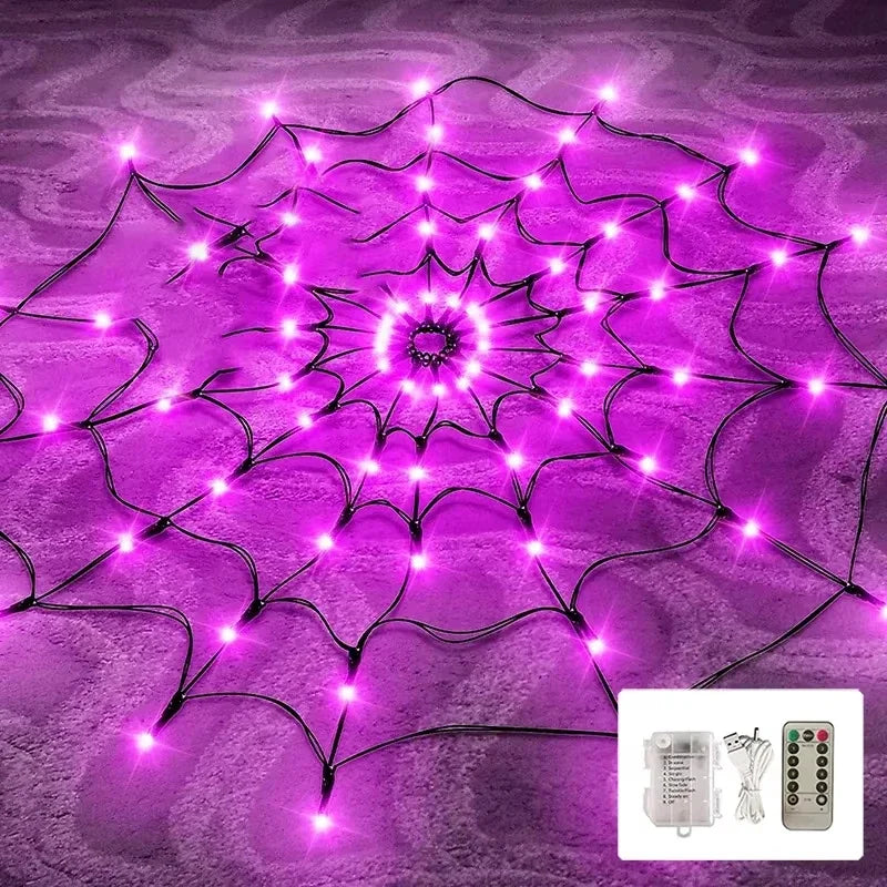 Outdoor Halloween Spider Web LED Purple Lights Battery Powered 8 Modes 70LED String Lights Remote Control Garden Wall Decoration