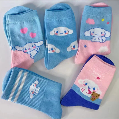 5pairs Sanrio Funny Cinnamoroll Cartoon Socks Women's Blue Combed Cotton Mid-Calf Stocks Kids Cute Gilrs Puppy Stockings