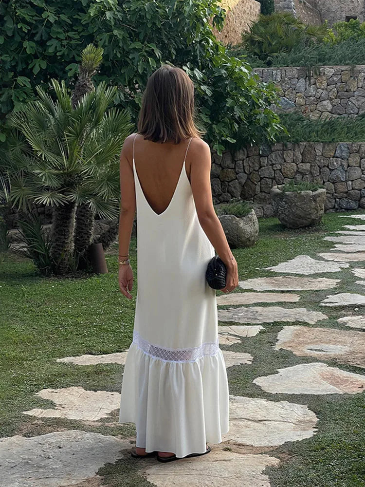 Summer Women Backless Sling Dress Sexy Loose v Neck Sleeveless Split Maxi Dresses 2024 New Female Beach Vacation Party Robes