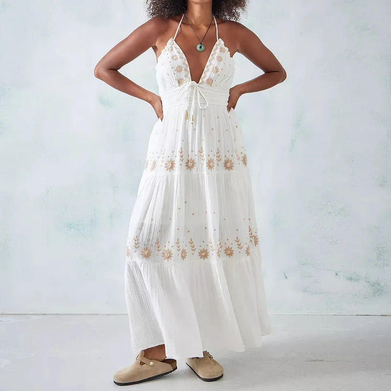 Beach Style Women v Neck Backless Halter Long Dress Bohemian Indie Embroidery Maxi Dress Summer Club Party Vestidos Holiday