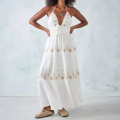 Beach Style Women v Neck Backless Halter Long Dress Bohemian Indie Embroidery Maxi Dress Summer Club Party Vestidos Holiday