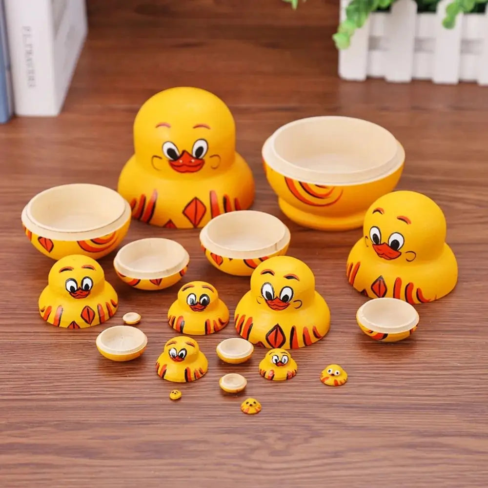 Decorations 10 Layer Nesting Dolls Yellow Duck Wooden Matryoshka Doll Toys Handmade Animals Pattern Stacking Dolls Kids Toy