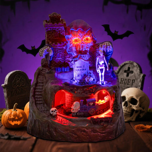 Animated Halloween Village House Decor With Moving Train Pre-Lit Music Skull Ghosts Tombstones Figurines Spooky Party Atmosphere
