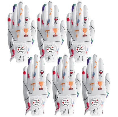 Womens Golf Glove With Ball Marker Rain Left Right Hand Leather Printed 6 Pack, Ladies Golf Gloves All Weather Grip