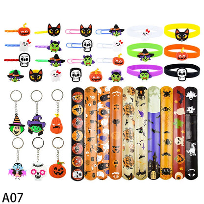 6-40pcs Halloween Gifts Toys Slap Bracelet Witch Skeleton Pumpkin Ghost Key Chain Party Kid Hairpin Ring Birthday Favor Supplies