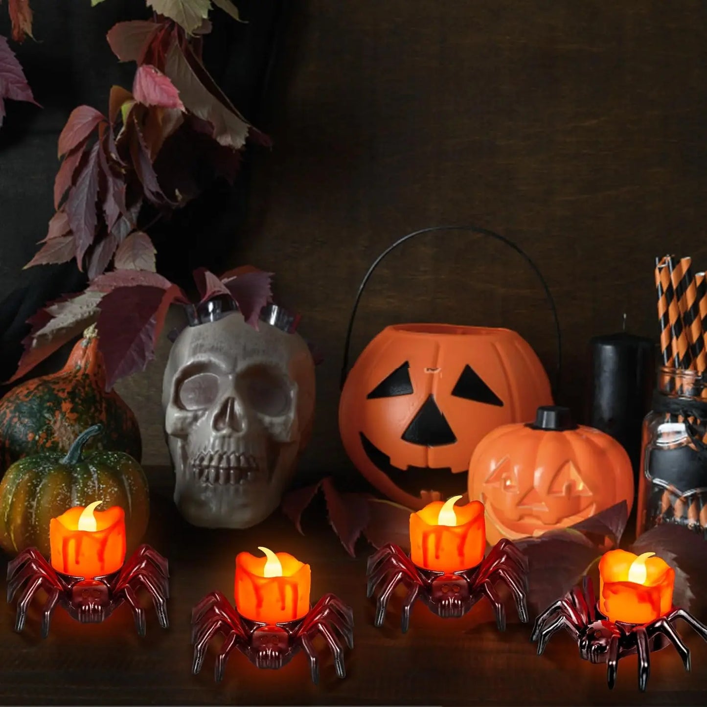 Halloween Spider Candle Lights, Halloween Orange Flameless Candle Lights LED Lights Halloween Lights Holiday Decoration Lights F