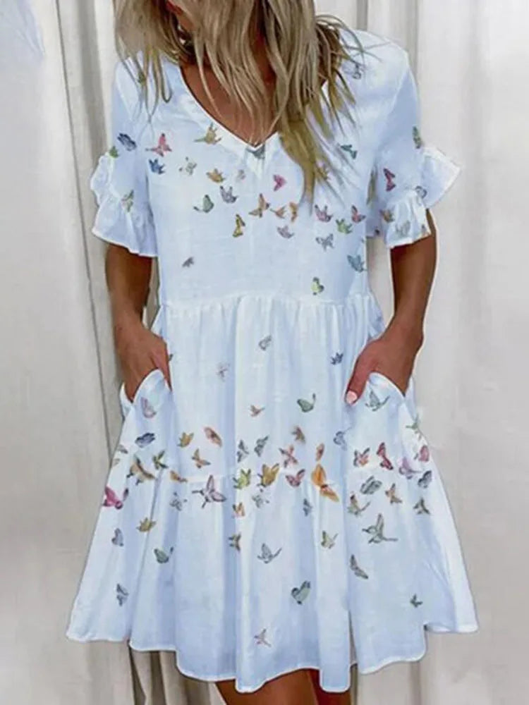Casual Ruffles Loose V-Neck Dress Women Summer Short Sleeve Floral Print Woman Dress 2023 Fashion White Boho Beach Dresses 5XL