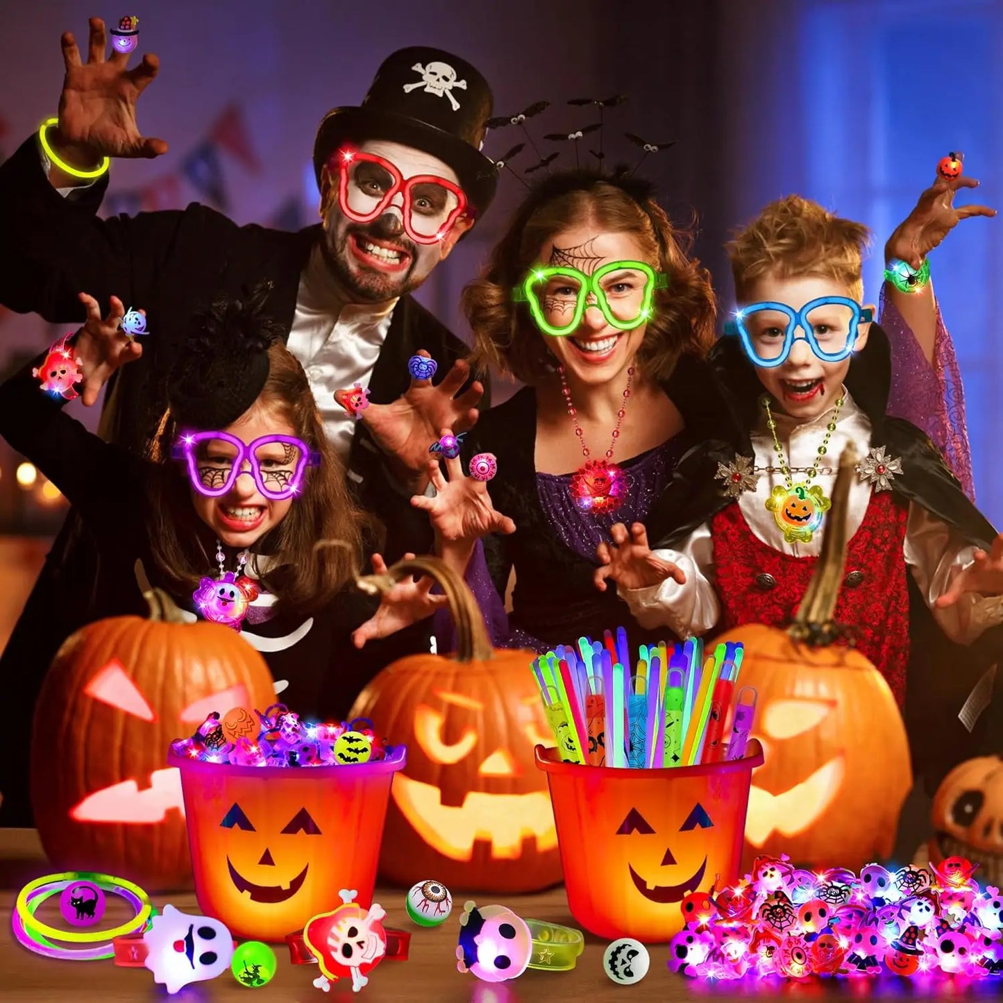 96Pcs Halloween Light Up Rings Glow Sticks Spin Necklace for Kids Trick or Treats Non-Candy Goodie Bag Fillers Party Supplies