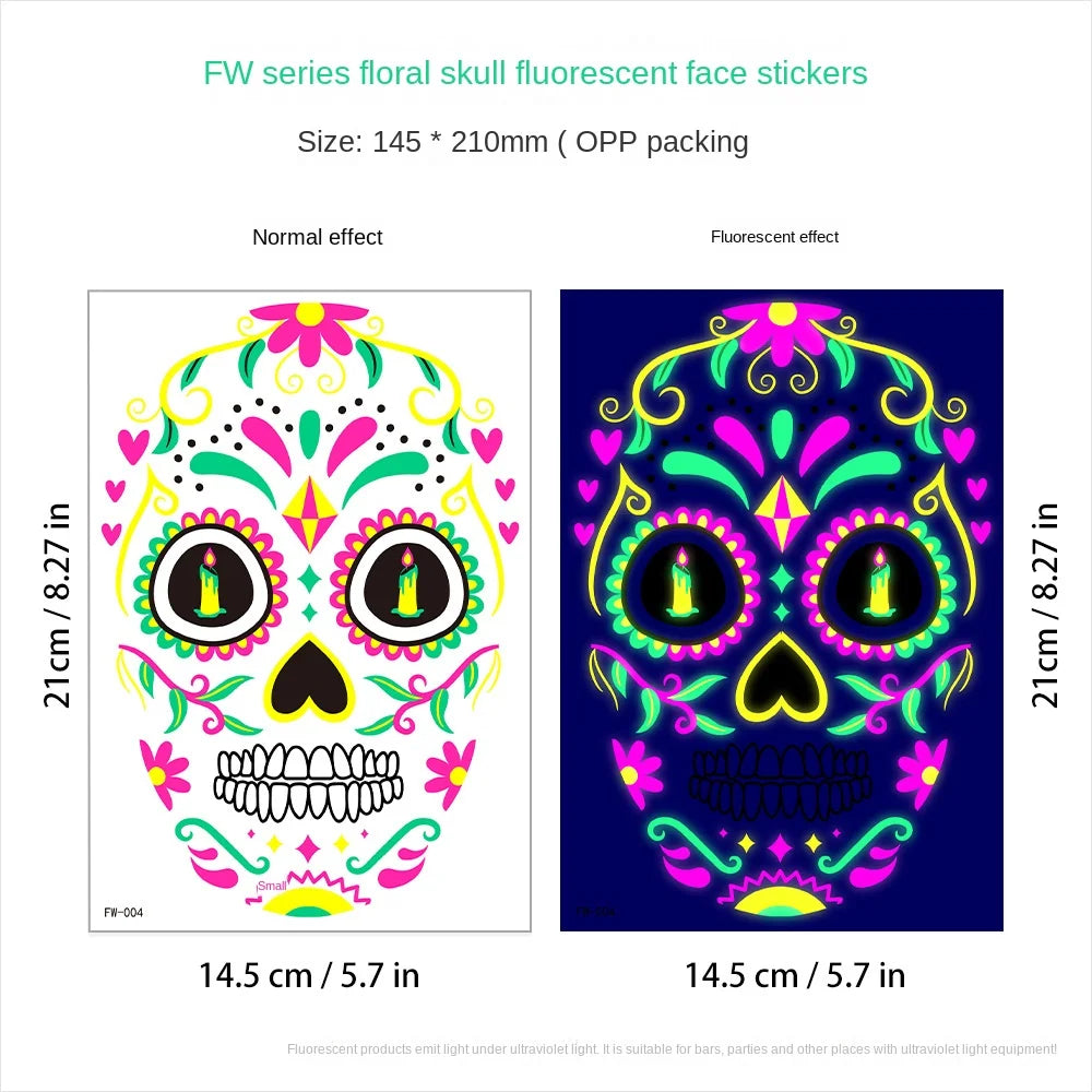 1/4/8pcs Waterproof Fluorescent Temporary Tattoo Neon Halloween Stickers Day of the Dead Party Festival Night Bar Face Stickers