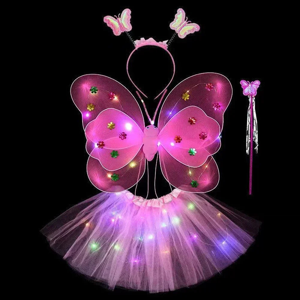 3/4Pcs/Set  Fairy Butterfly Wing Wand Headband Costume Toy Gift Halloween Decoration Double Layers Girls Led Flashing Light