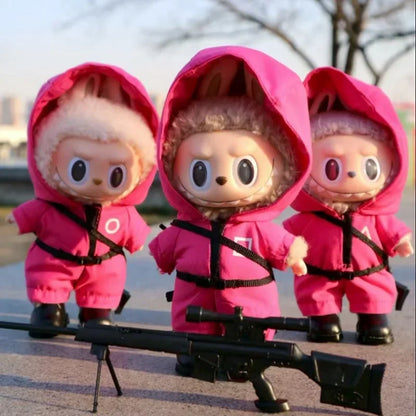 15 17cm for Labubu Doll Clothes Korean Kpop Jacket Squid Game Jumpsuit Clothing Cool Black Mask Heargear Dollhouse Accessories