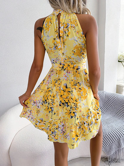 Summer Women Floral Printed Halter Sexy Short Dress, Woman Clothing,Dress Women,Women's Casual Beach Dresses,Sexy Costume Women