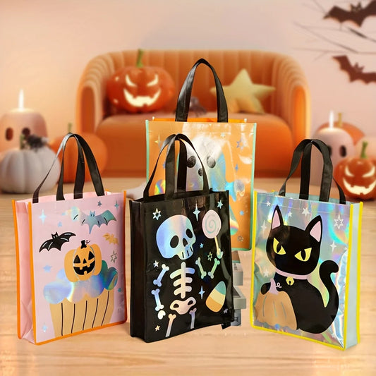 Halloween Party Bags - Non-Woven Fabric Gift Bags With Pumpkin, Grimace, Cat, Bats, Candy Designs  - Sturdy Handles for Trick