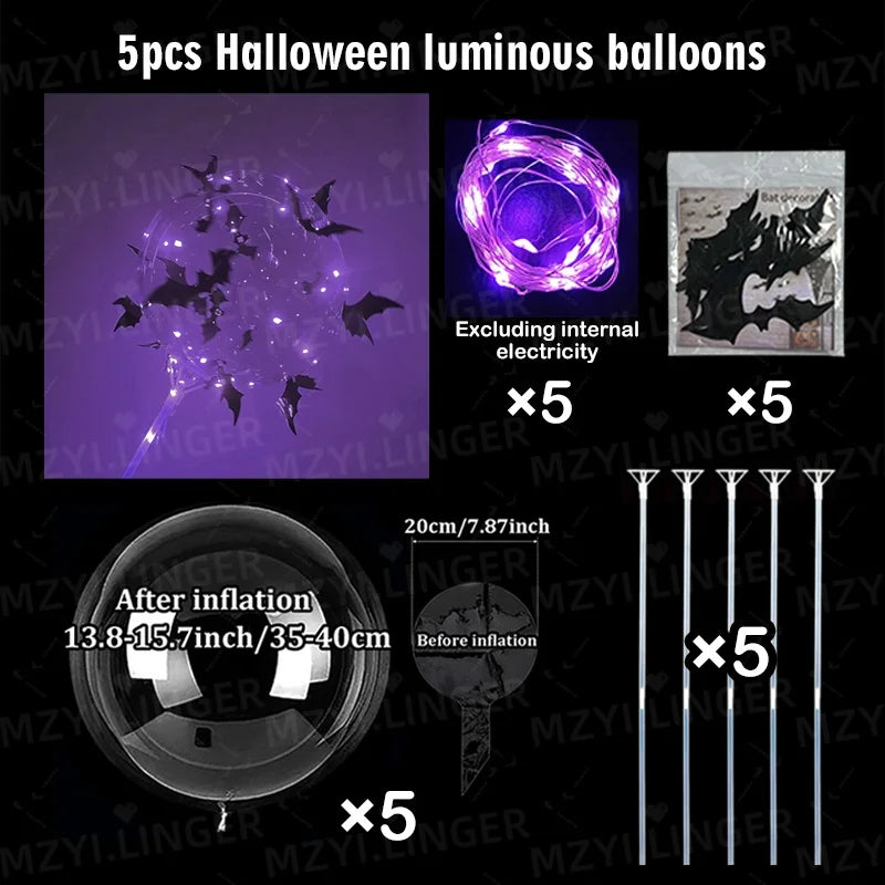 5pcs Halloween Glowing Balloon Set Transparent Bobo Balloon Bat Stickers Halloween Party Decoration Day of the Dead Decoration