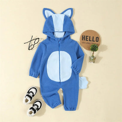 Cartoon Blue Orange Dog Costume for Toddler Baby Boys Girls Halloween Costume Hooded Ear Tail 1Piece Jumpsuit