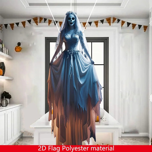 1pc Halloween Skeleton Bride Hanging Flag - Outdoor/Indoor Gothic Decoration, Spooky Bride With Bats & Jack-O-Lanterns Design