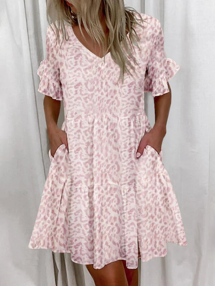 Casual Ruffles Loose V-Neck Dress Women Summer Short Sleeve Floral Print Woman Dress 2023 Fashion White Boho Beach Dresses 5XL
