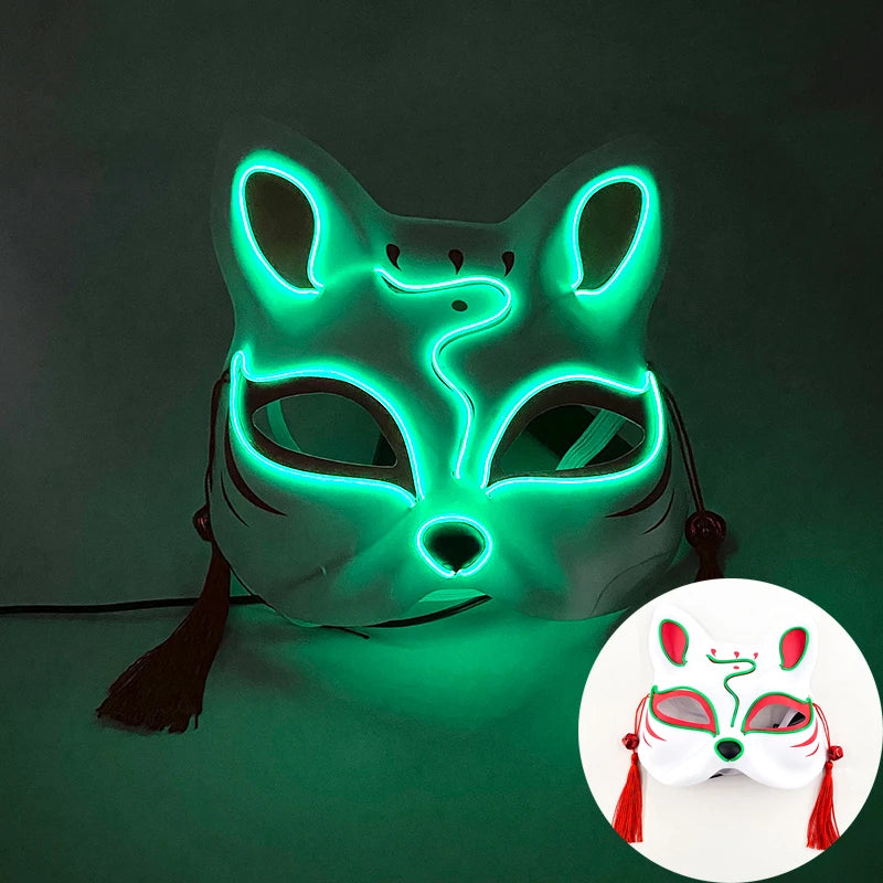 Halloween Luminous Japanese Neon Light Fox Mask LED Light Up Cosplay Mask Flashing in Dark Masquerade Dance Party Mask Costume