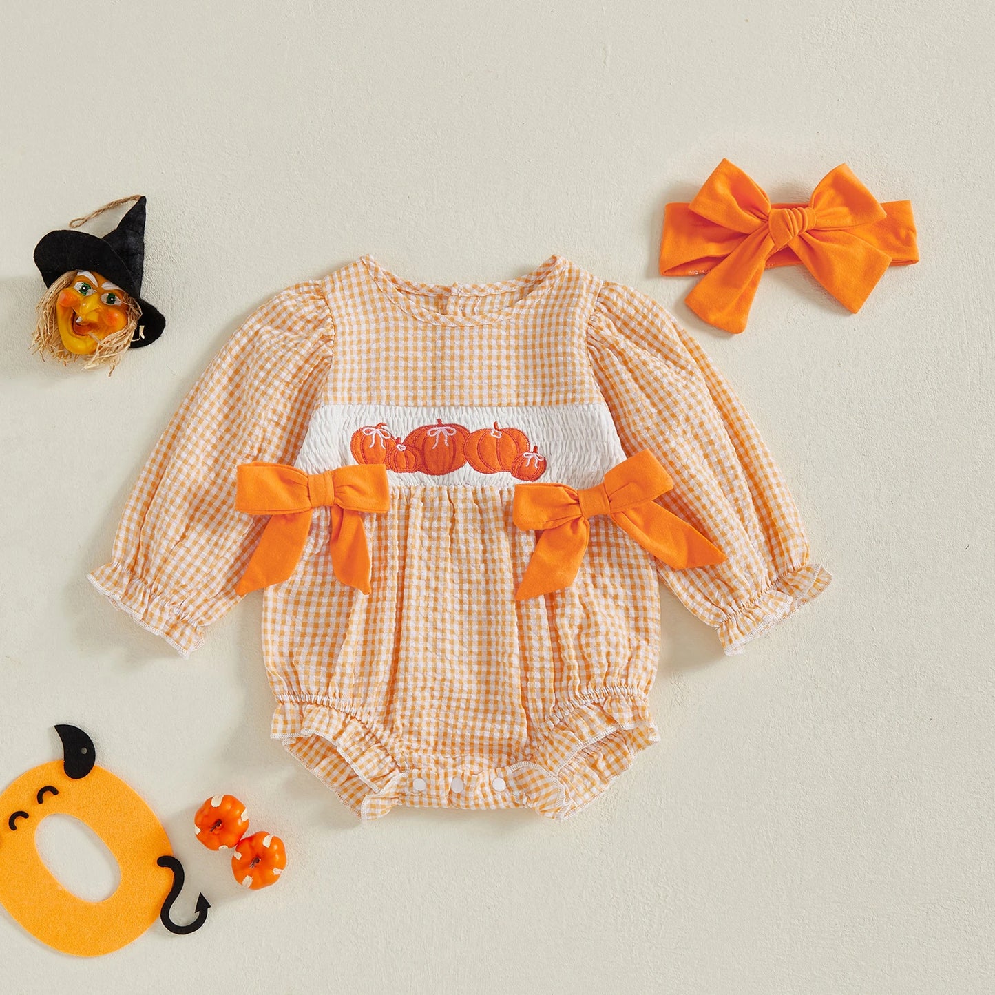 Halloween Baby Girl Plaid Print Romper Cotton Bodysuit Puff Sleeve Crew Neck Playsuit With Headband Infant 2Pcs Clothes Suit