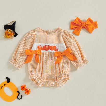 Halloween Baby Girl Plaid Print Romper Cotton Bodysuit Puff Sleeve Crew Neck Playsuit With Headband Infant 2Pcs Clothes Suit