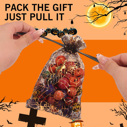 50/100pcs Colorful Halloween Organza Gift Bags Skull Spider Web Printing Packaging Gift High Quality Drawstring Candy Bag