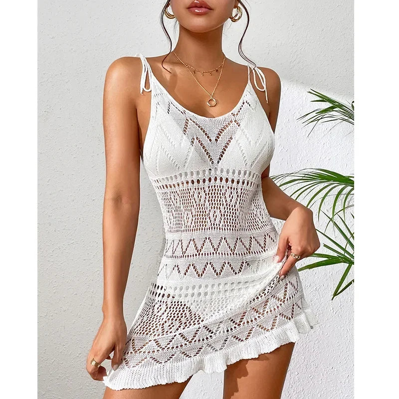 Sexy Womens Crochet Beach Dress See-Through Beachwear Pareo Swimsuit Woman Bathing Suit White Dress Beach Cover Up Women Holiday