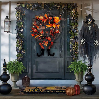 Halloween Wreath With Led Lights Door Hanging Decoration Pumpkin Witch Hat Leg Wreath Carnival Party Gifts Home Halloween Decor