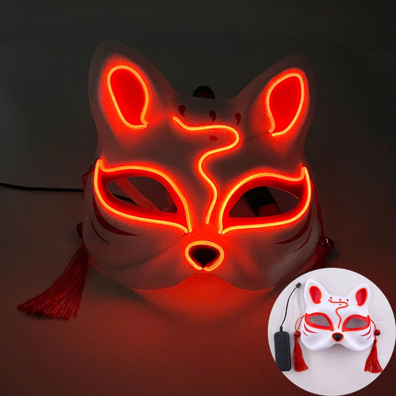 Halloween Luminous Japanese Neon Light Fox Mask LED Light Up Cosplay Mask Flashing in Dark Masquerade Dance Party Mask Costume