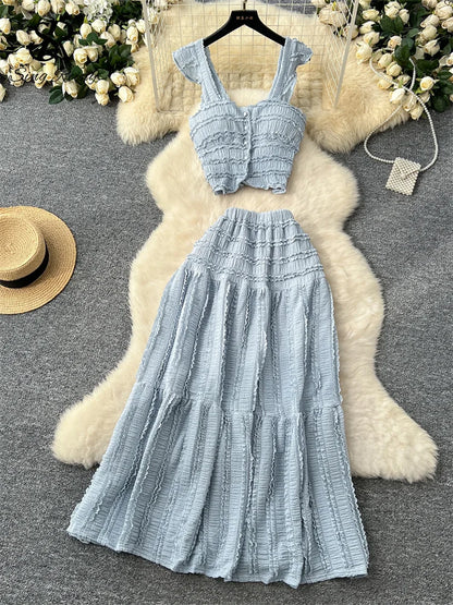 SINGREINY Casual Beach Style 2pcs Suits Single Breasted Mini Camisole+Elastic Waist a Line Fold Slim Skirt Gentle Women Sets